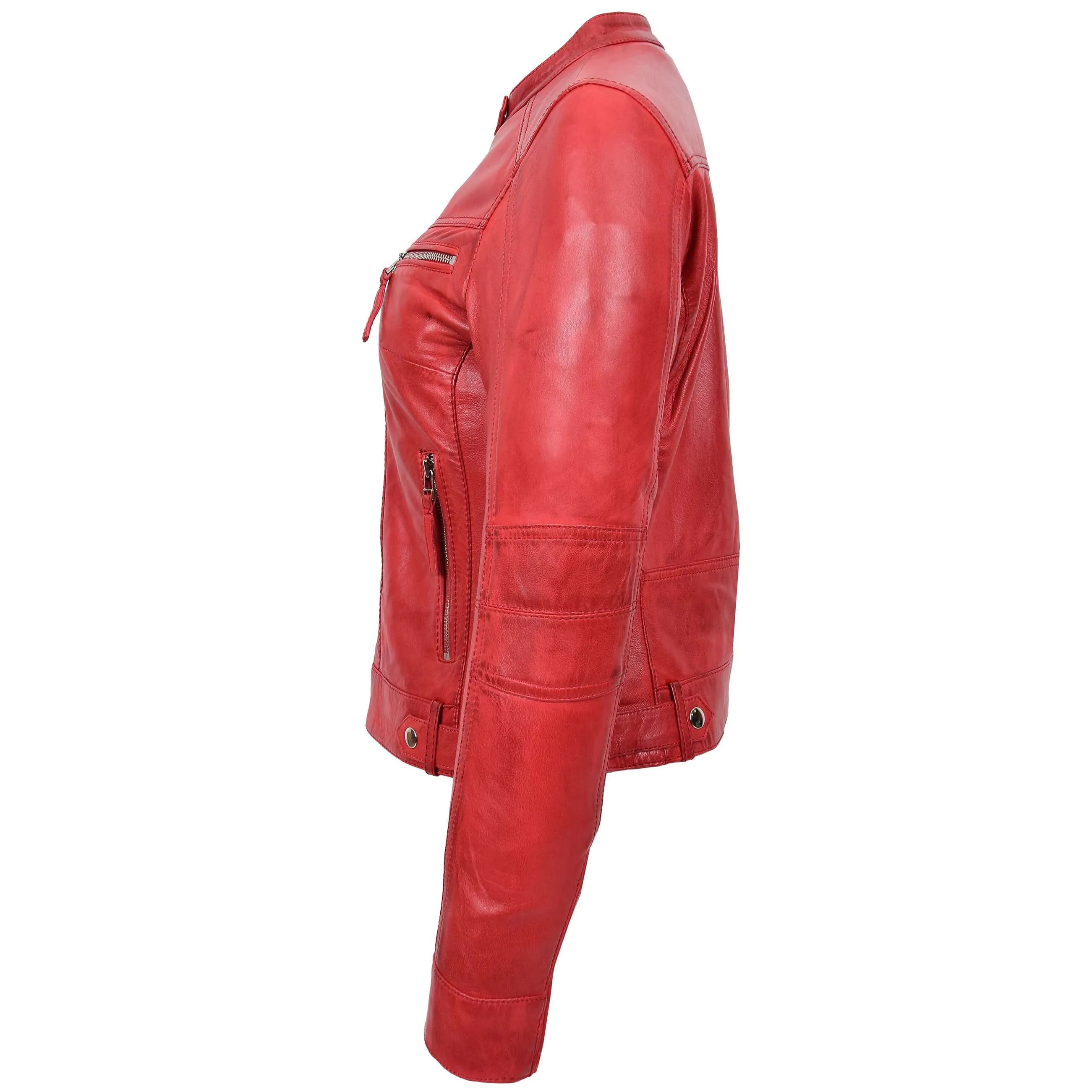 Womens Soft Leather Biker Jacket Red Casual Fitted Trendy Stylish Zoe