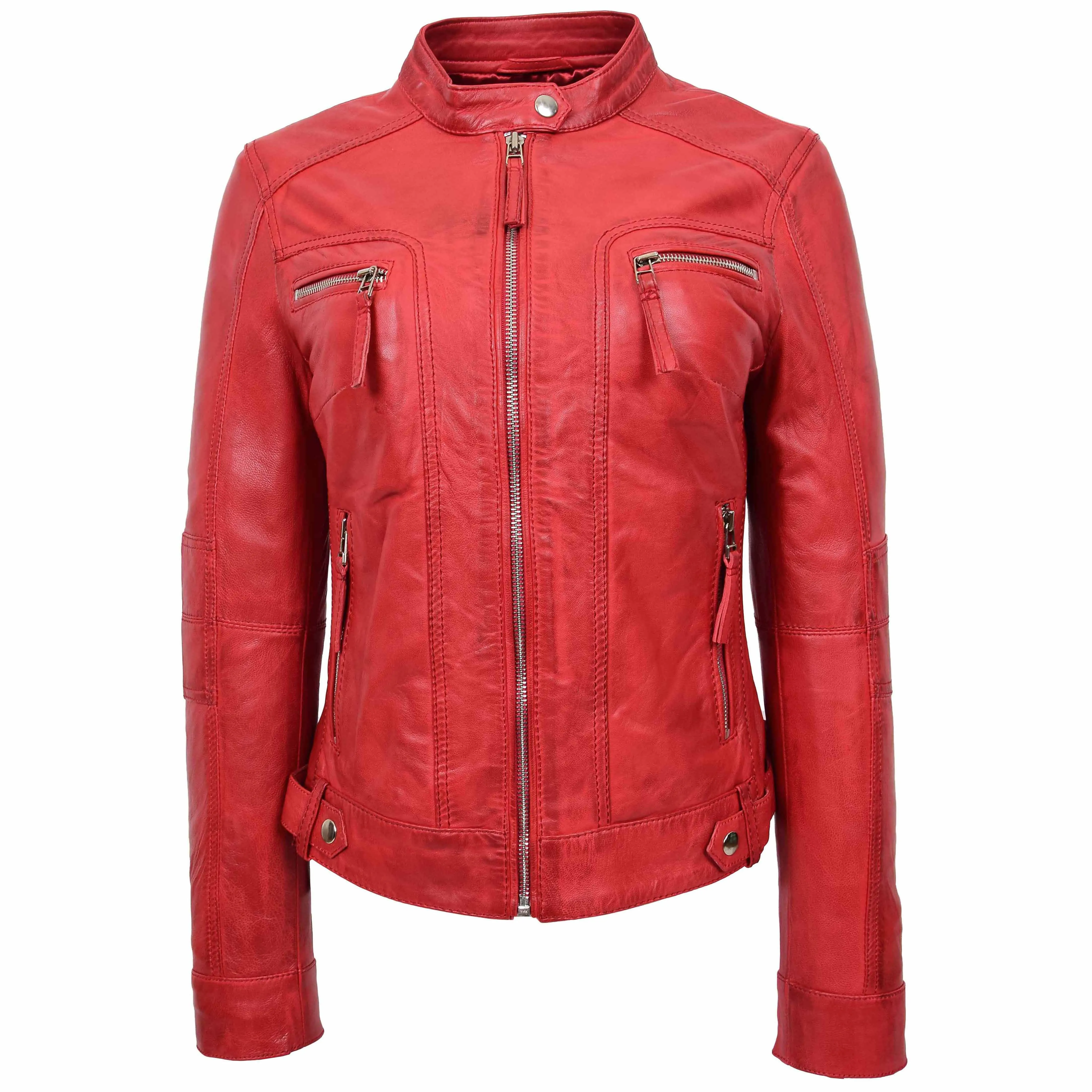 Womens Soft Leather Biker Jacket Red Casual Fitted Trendy Stylish Zoe