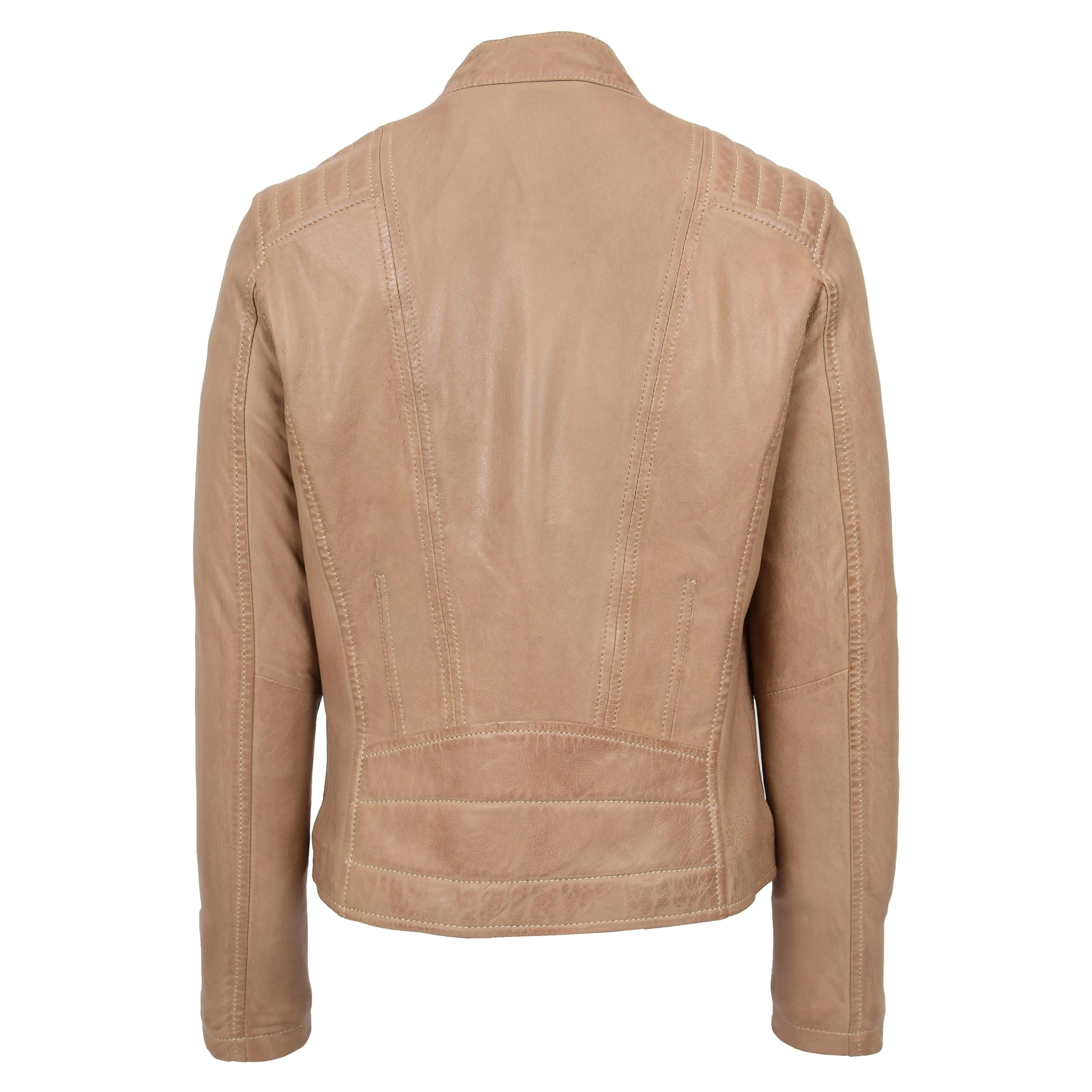 Womens Soft Leather Jacket Taupe Casual Fitted Trendy Biker Style Jadie