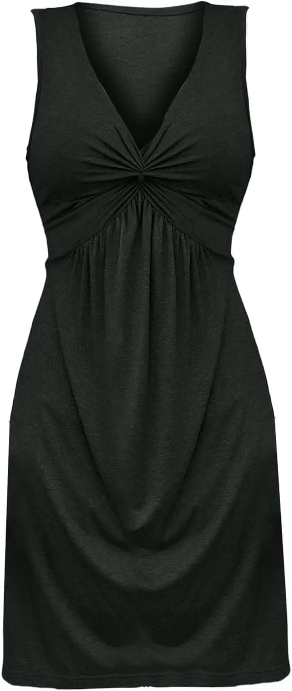 Women's Twist Front V Neck Ruffle Casual Summer Dress Sexy Elegant Sleeveless Club Party Tunic Bodycon Mini Dresses