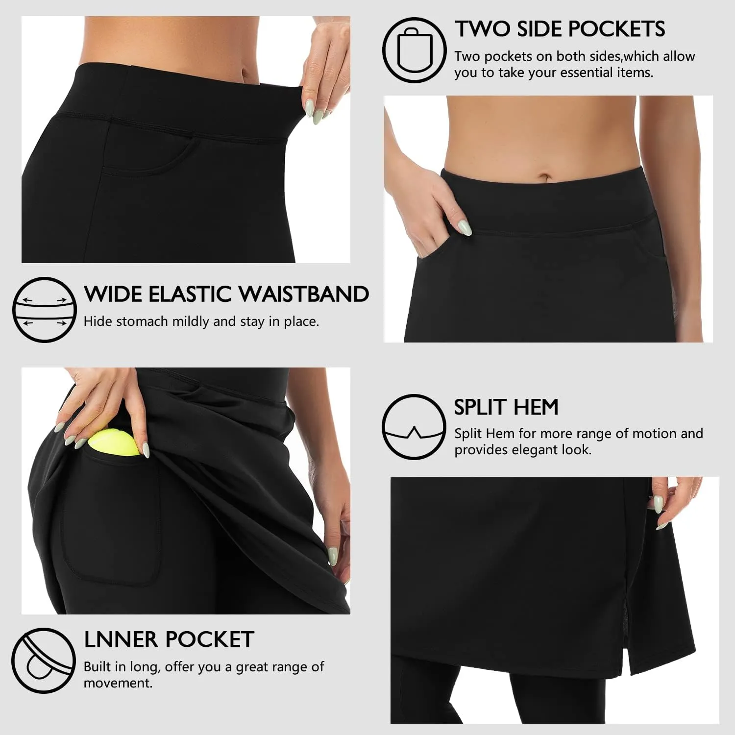 WOWENY Womens 20'' Knee Length Tennis Skirts Athletic Long Golf Skorts Skirts with Inner Shorts Pockets
