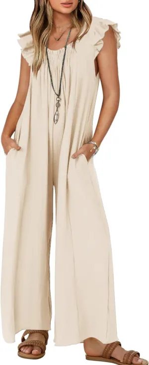 ZESICA Women's Summer Loose Jumpsuit Casual V Neck Sleeveless Oversized Wide Leg Pant Overalls Romper with Pockets